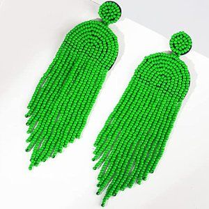 Long Lime Green 4.5" Modern Art Deco Oversized Earrings Beaded Bohemian Tassle
